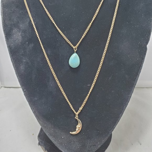 Banana Republic gold crescent moon with turquoise stone gold layered necklace - Picture 2 of 9